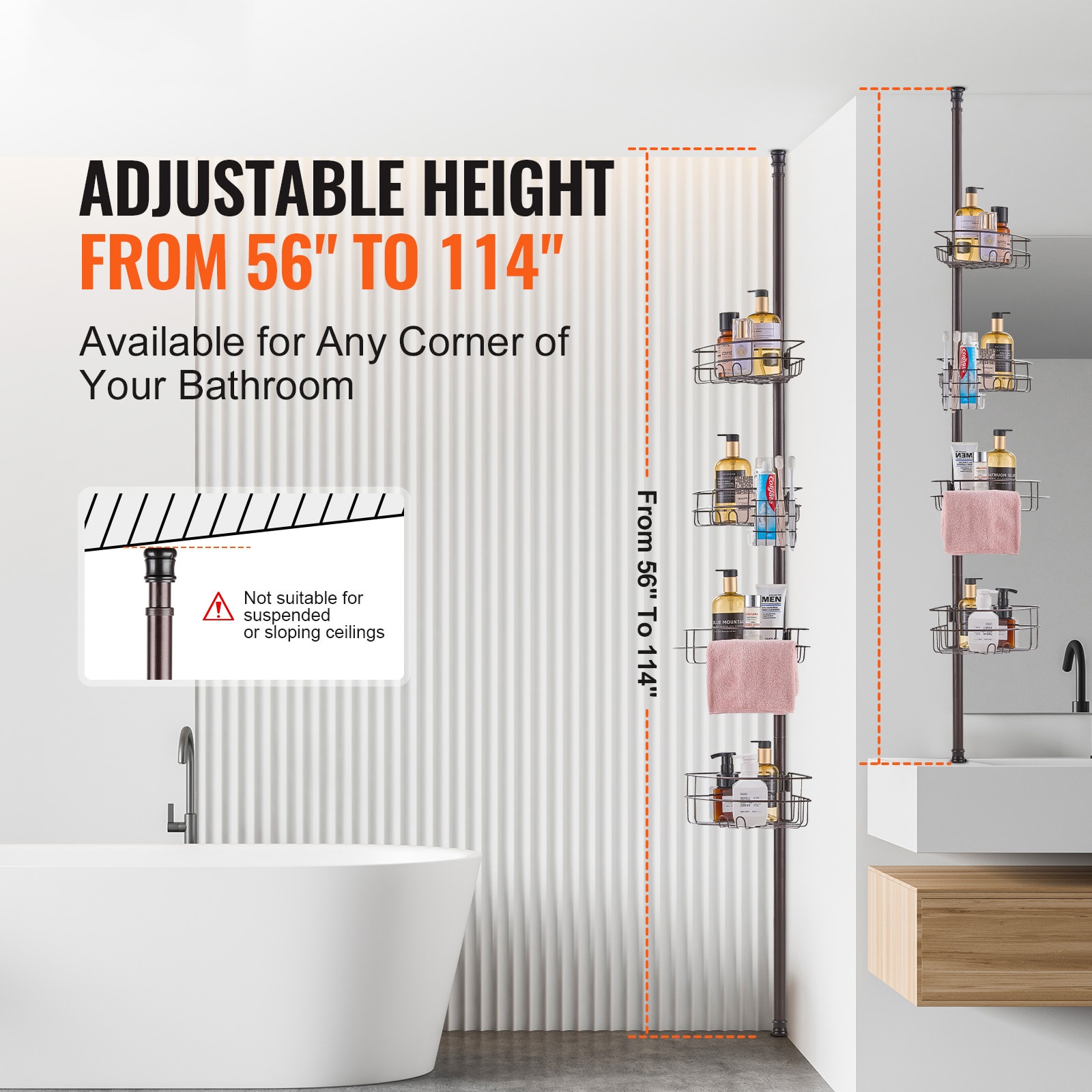 56" To 114" High Shower Corner Caddy Tension Pole Rust-Proof Tension Pole_voghion.com